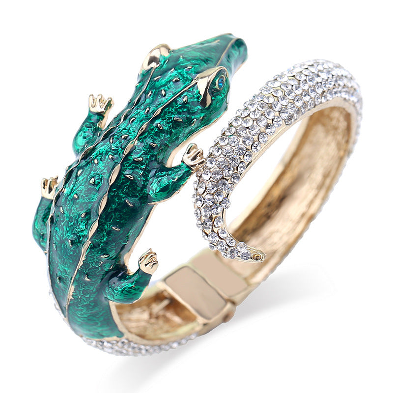 Exaggerated Crocodile Alloy Enamel Rhinestone Open Bangle