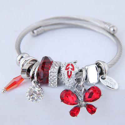 Fairy Style Butterfly Stainless Steel Crystal Inlay Cuff Bracelet