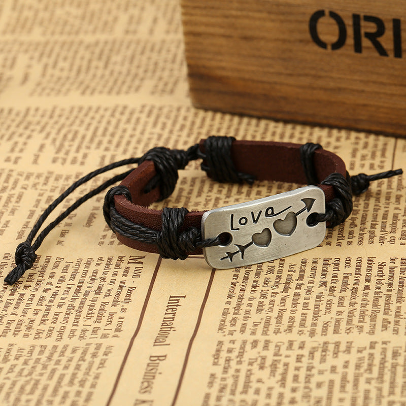 Braided Alloy Cupid Arrow Heart Cowhide Leather Adjustable Couple Bracelet