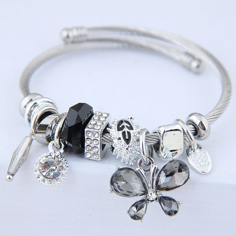 Fairy Style Butterfly Stainless Steel Crystal Inlay Cuff Bracelet