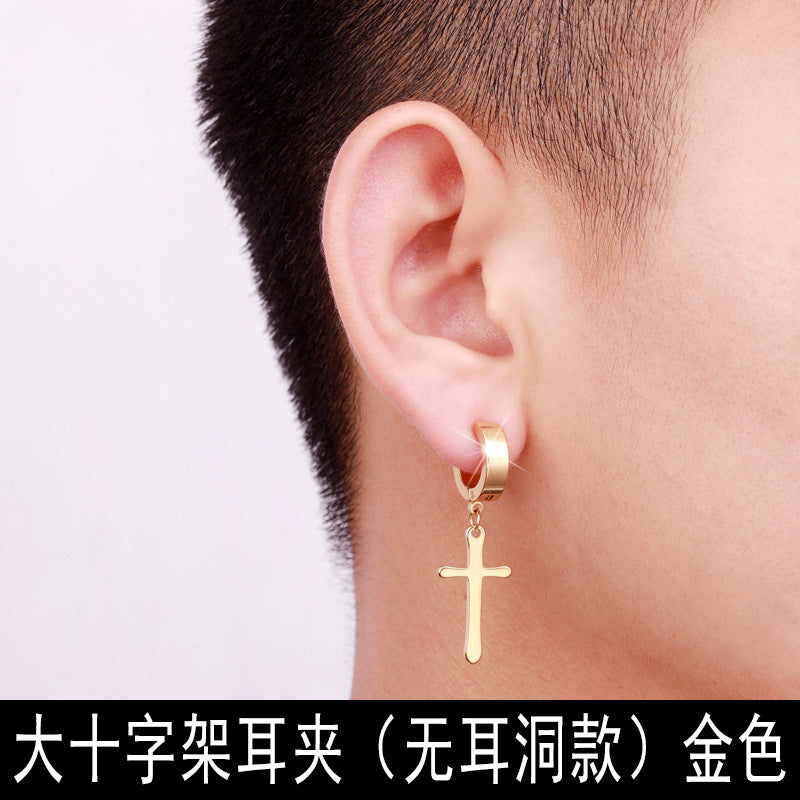 Retro Titanium Steel Cross Clip-On Earrings for Men