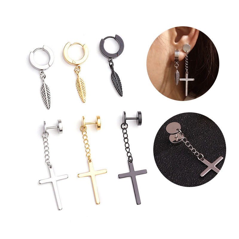 Popular Stainless Steel Cross Ear Buckle Casting Feather Earrings