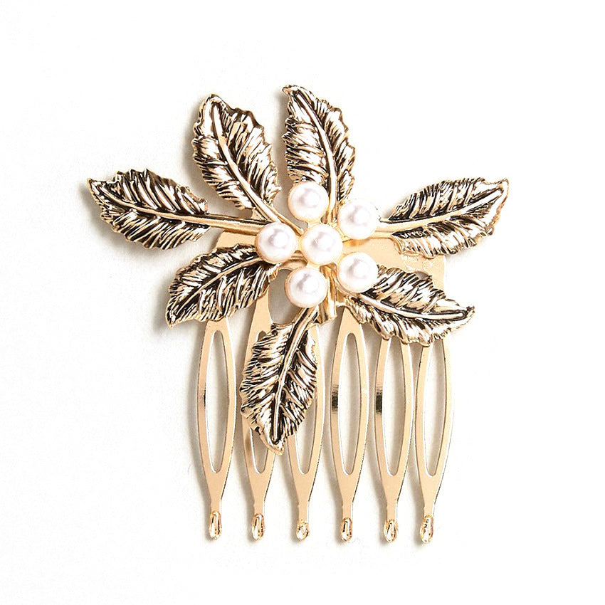 Retro Diamond Pearl Leaf Hair Comb Clip