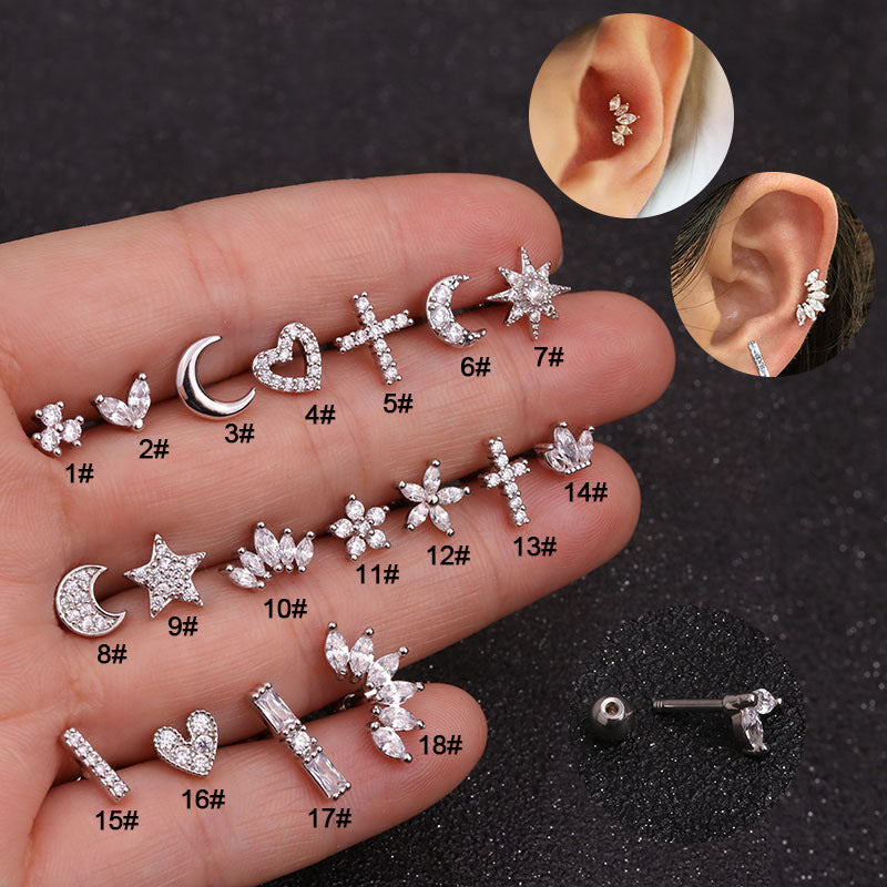 316 Stainless Steel Flower Ear Cartilage Rings & Zircon Stud Earrings