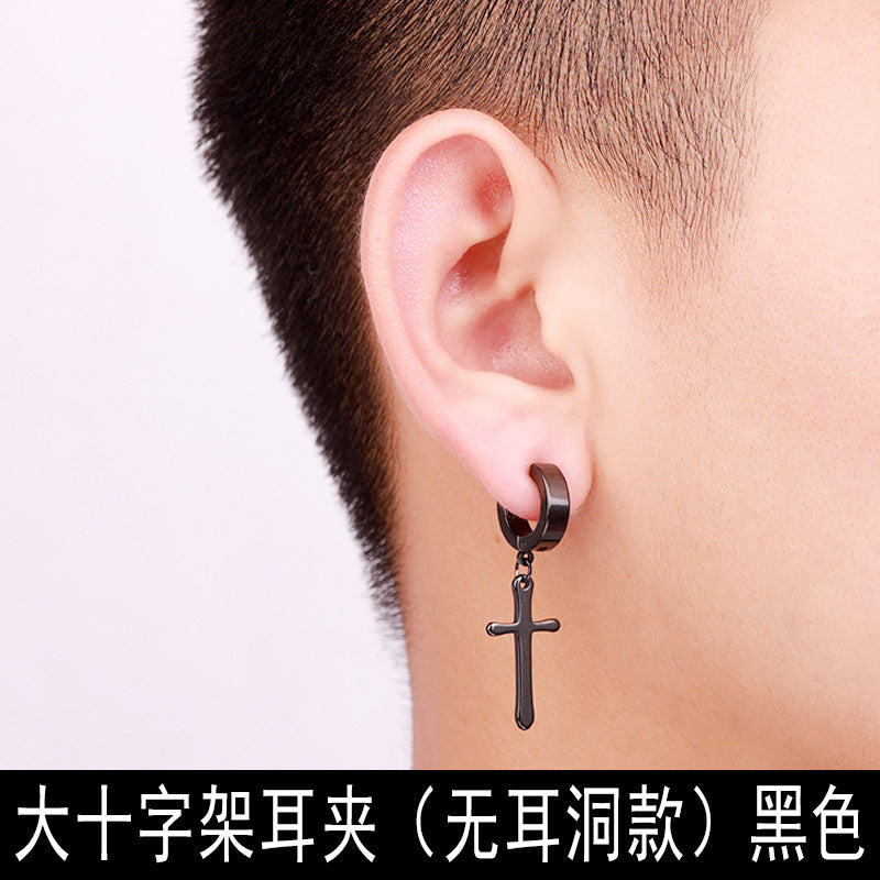 Retro Titanium Steel Cross Clip-On Earrings for Men