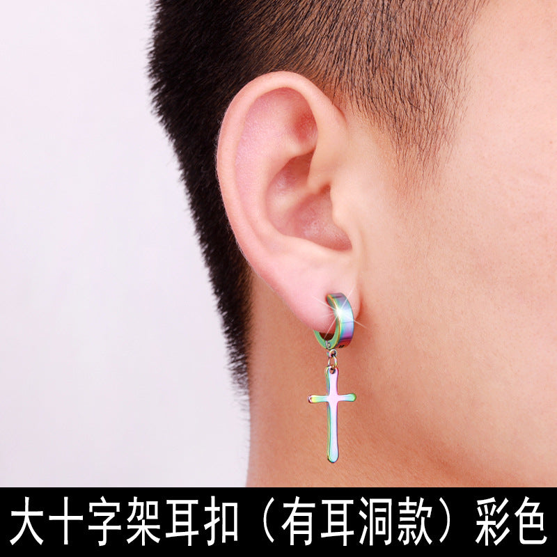 Retro Titanium Steel Cross Clip-On Earrings for Men