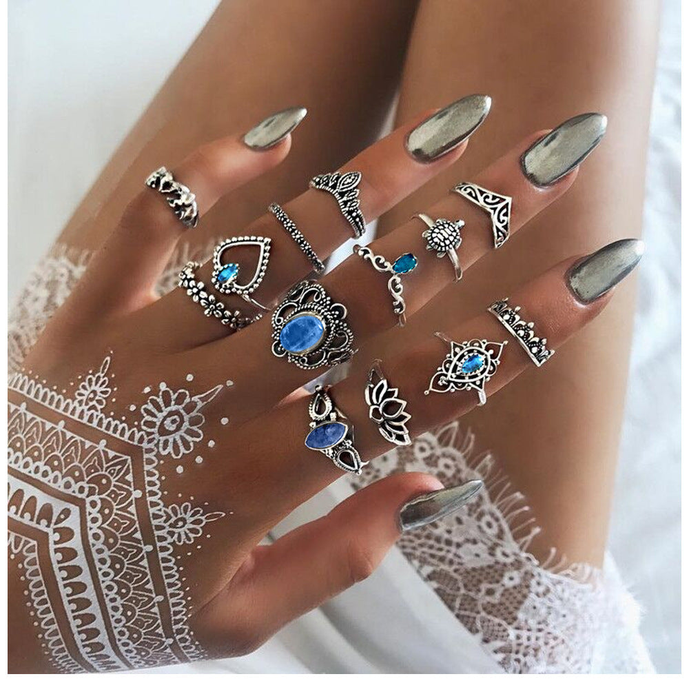 Vintage Geometric Alloy Plated Gemstone Crown Ring Set for Women