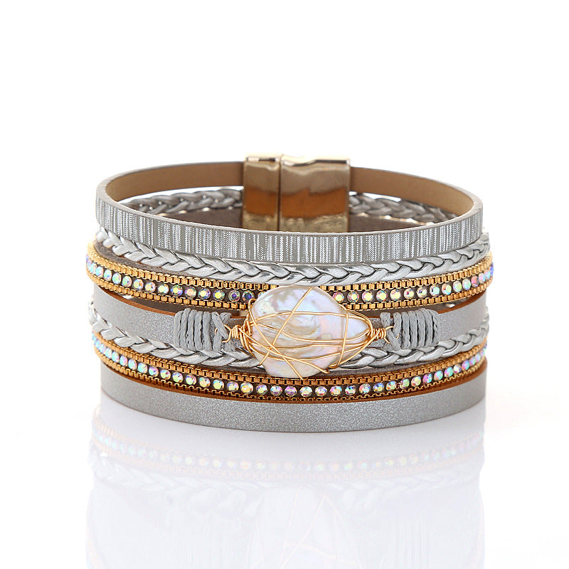 Retro Geometric Leather Bracelet with Freshwater Pearl and Diamond-Encrusted Alloy Magnet Clasp