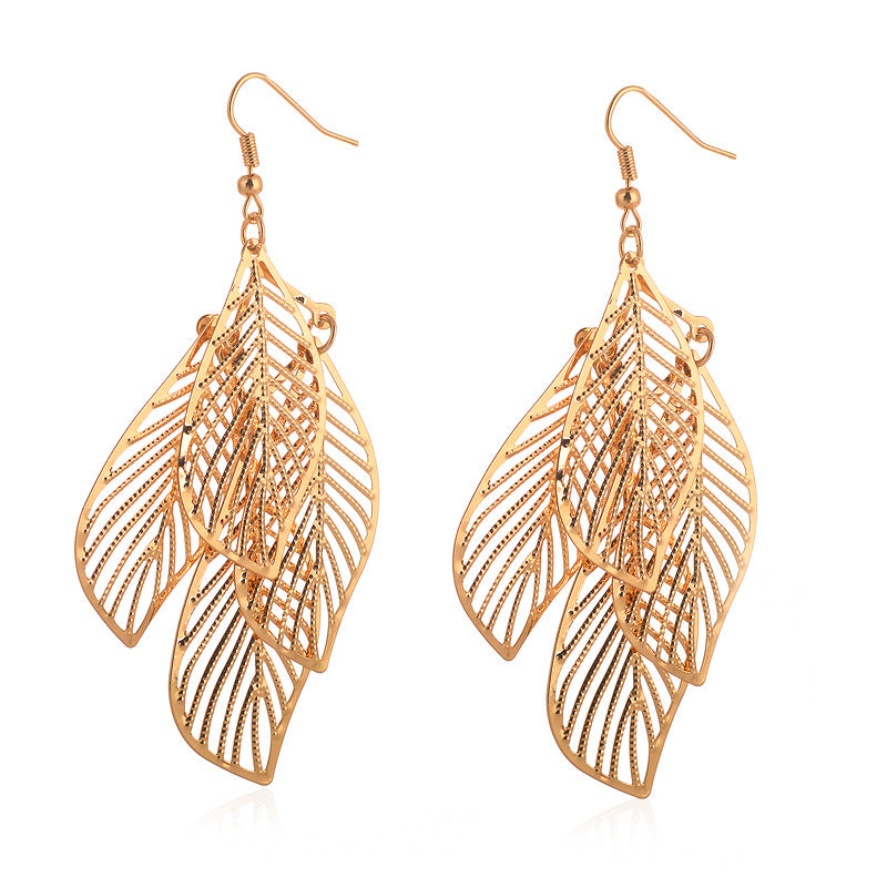 Vintage Female Earrings Simple Hollow Multi-layer Leaf Earrings Long Tassel