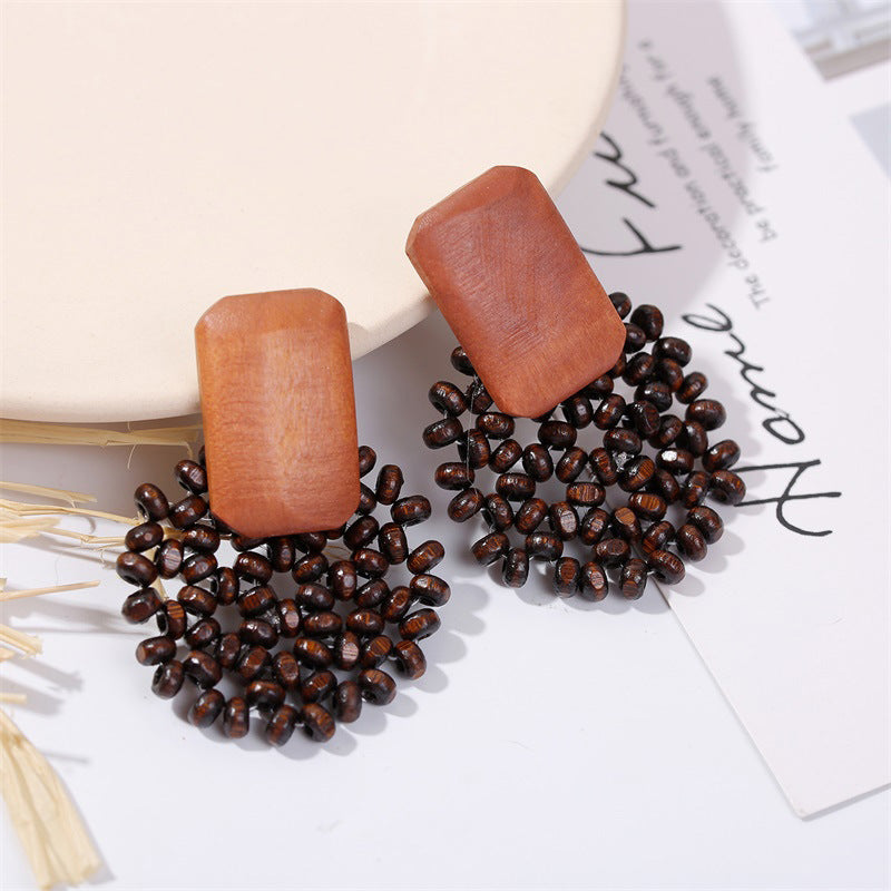 Bohemian Hand-woven Geometric Wooden Bead Earrings