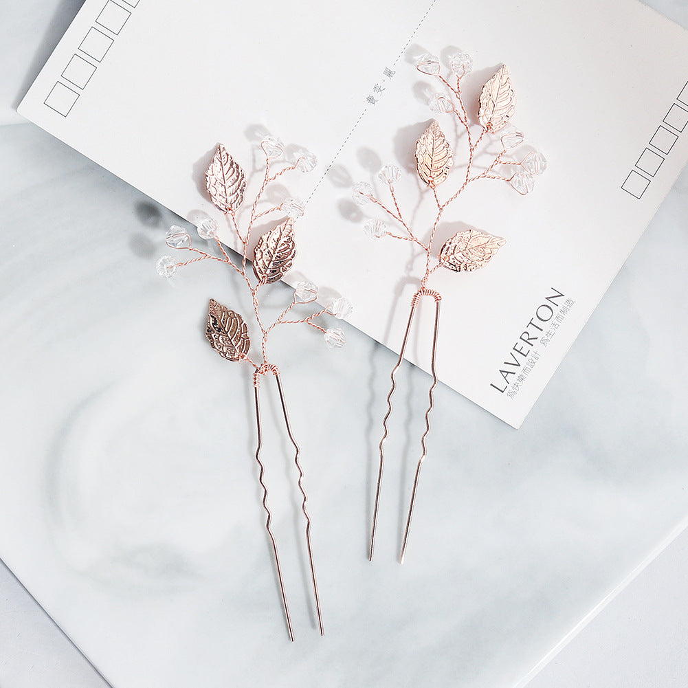 Korean Simple Bridal Alloy Leaf Pearl Handmade Hairpin