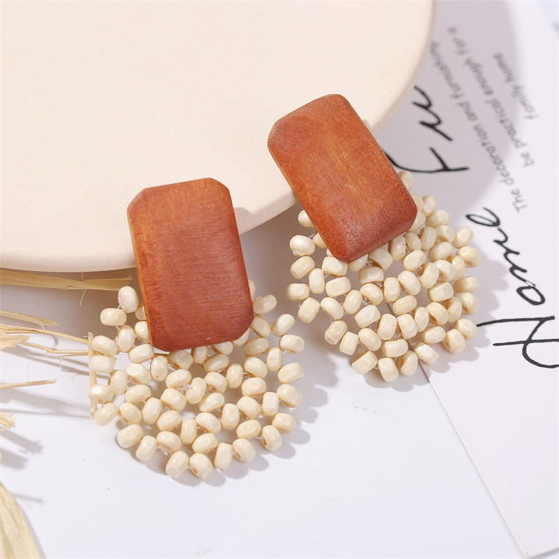 Bohemian Hand-woven Geometric Wooden Bead Earrings