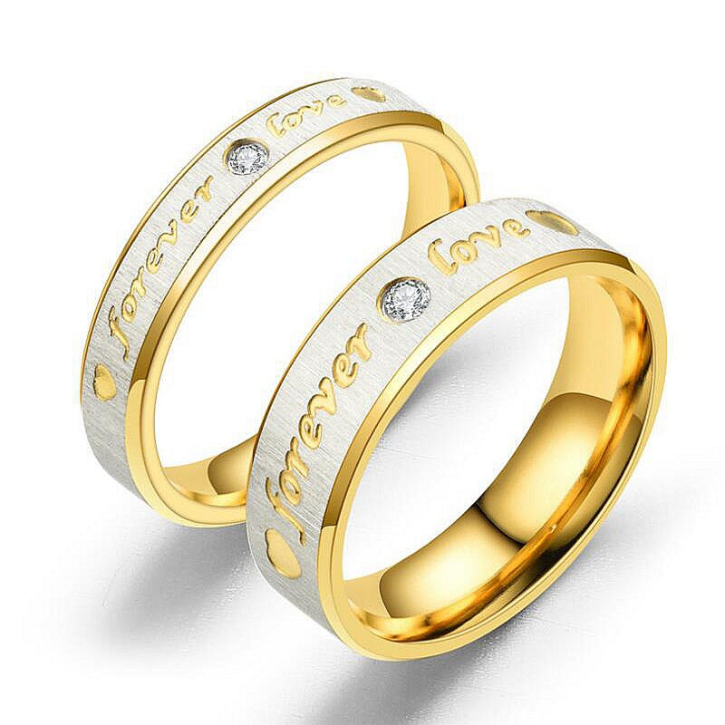 Titanium Steel Zircon Inlay Couple Rings - Forever Love Engagement Band