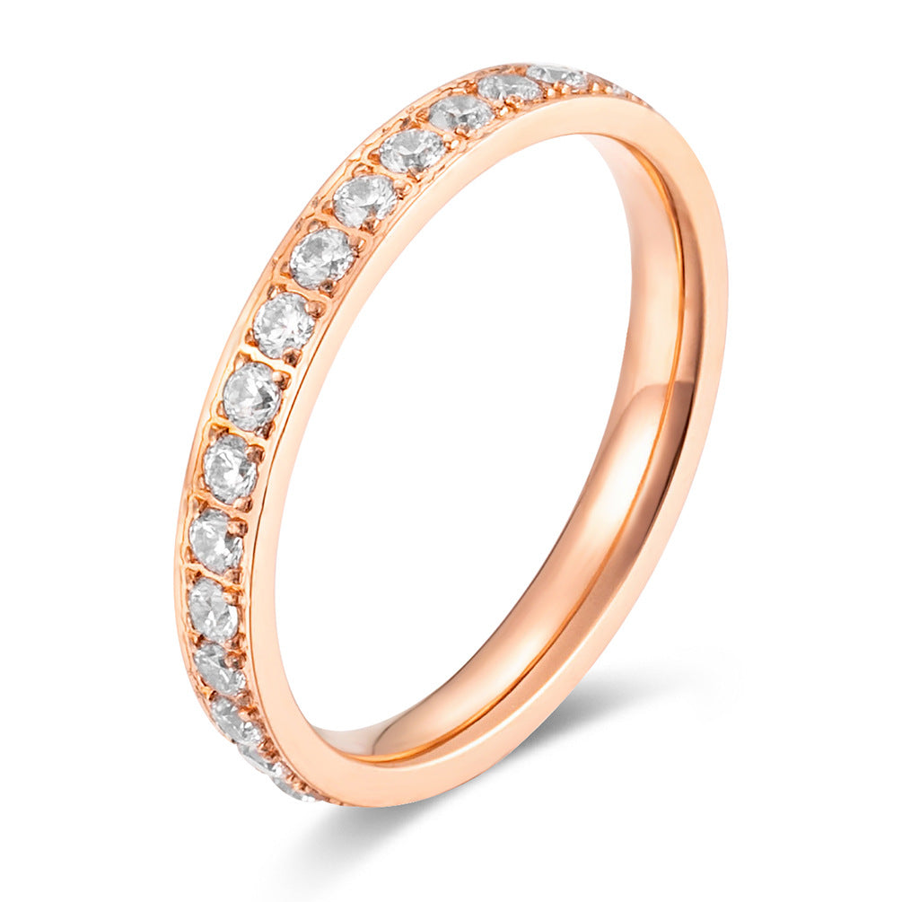 Simple Single Row Diamond Titanium Steel Stacking Ring - Rose Gold Finish