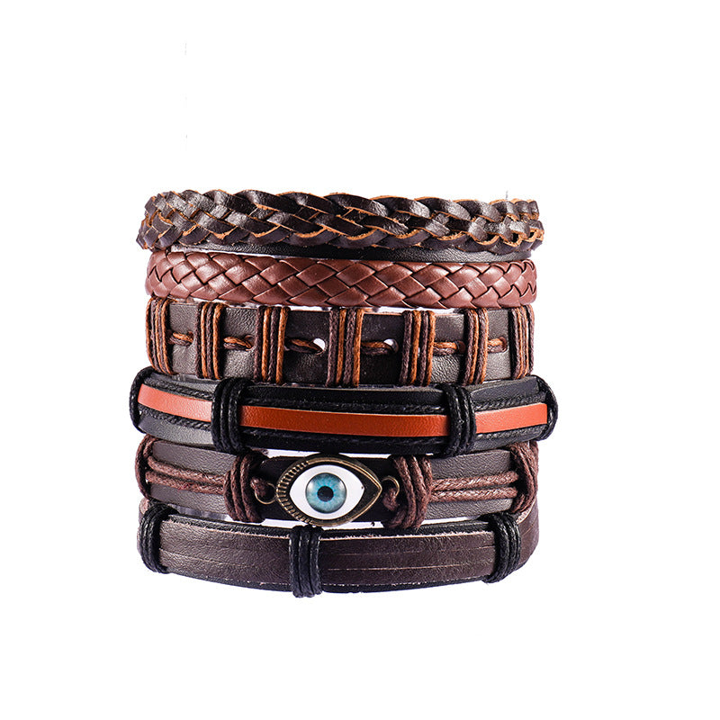 Ethnic Feather Alloy Patchwork Multi-Layer Leather Men's Bracelet