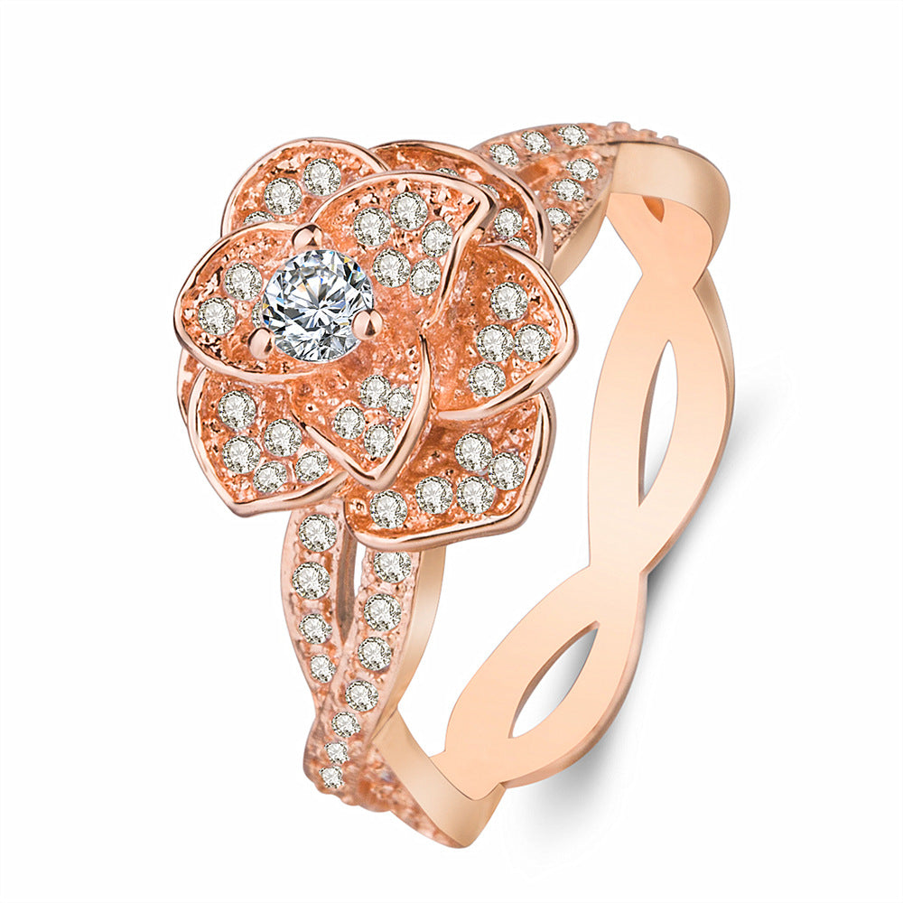 Glamorous Rose Flower 18K Gold Plated Zircon Inlay Ring