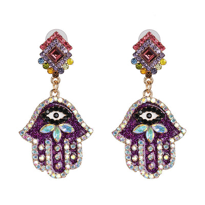 Hand Shaped Alloy Earrings with Enamel Eye Design