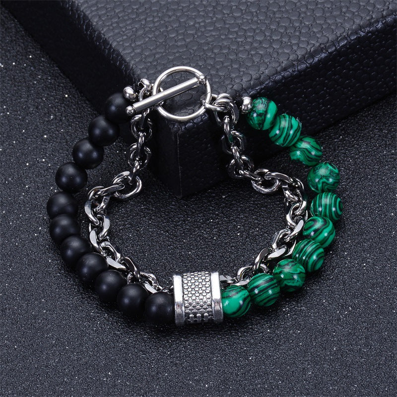 Geometric Natural Stone Beaded Bracelet with Stainless Steel Chain for Men