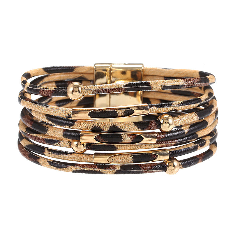 Retro Leopard Print Leather Beaded Layered Bracelet with Alloy Magnetic Clasp