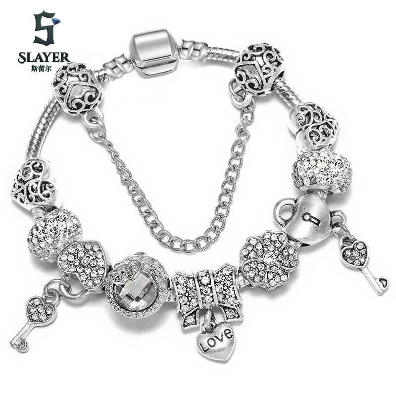 Ethnic Constellation Copper Zinc Alloy Rhinestone Charm Bracelet with Love Letter Pendant