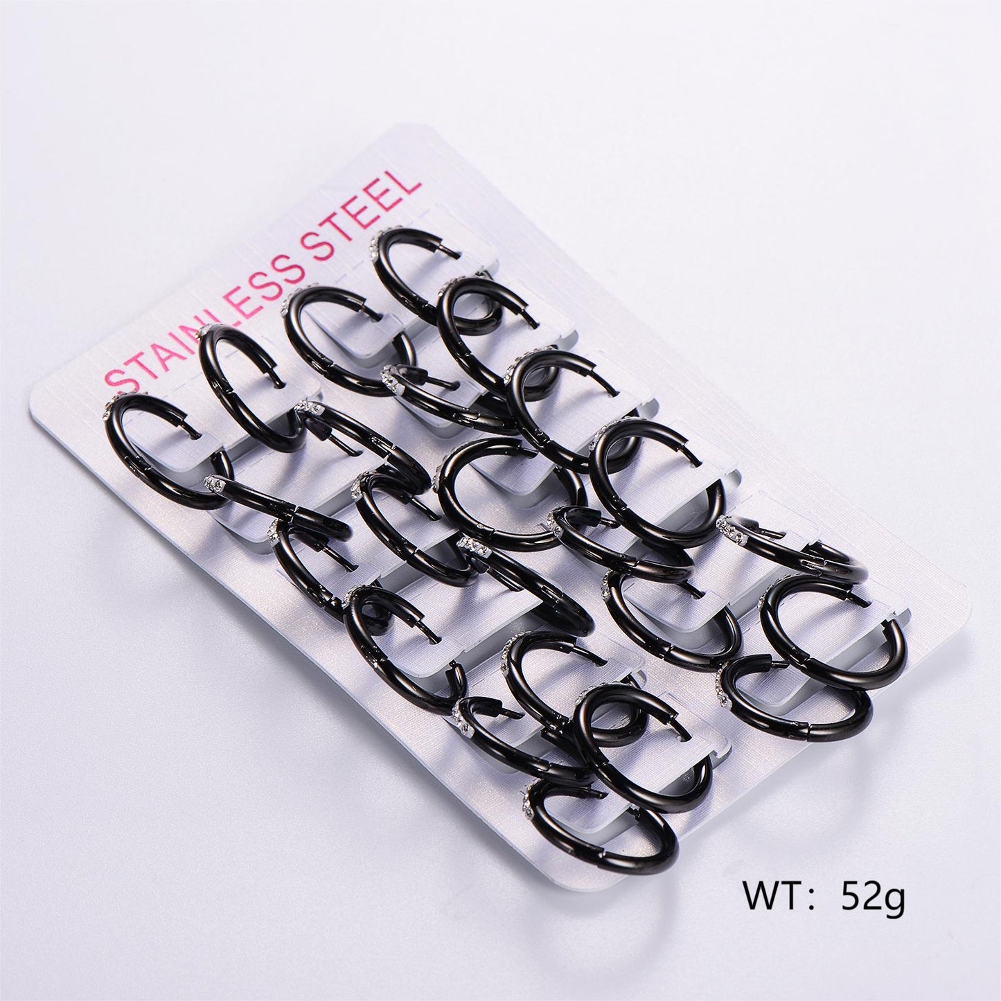 12 Pairs Stainless Steel Rhinestone Hoop Earrings - Black Plated Minimalist Design