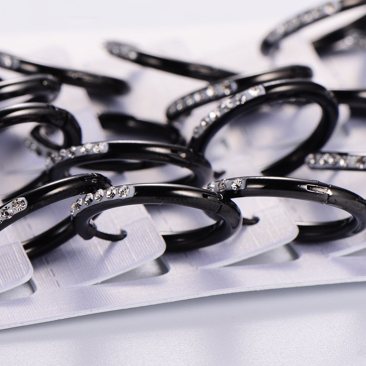 12 Pairs Stainless Steel Rhinestone Hoop Earrings - Black Plated Minimalist Design