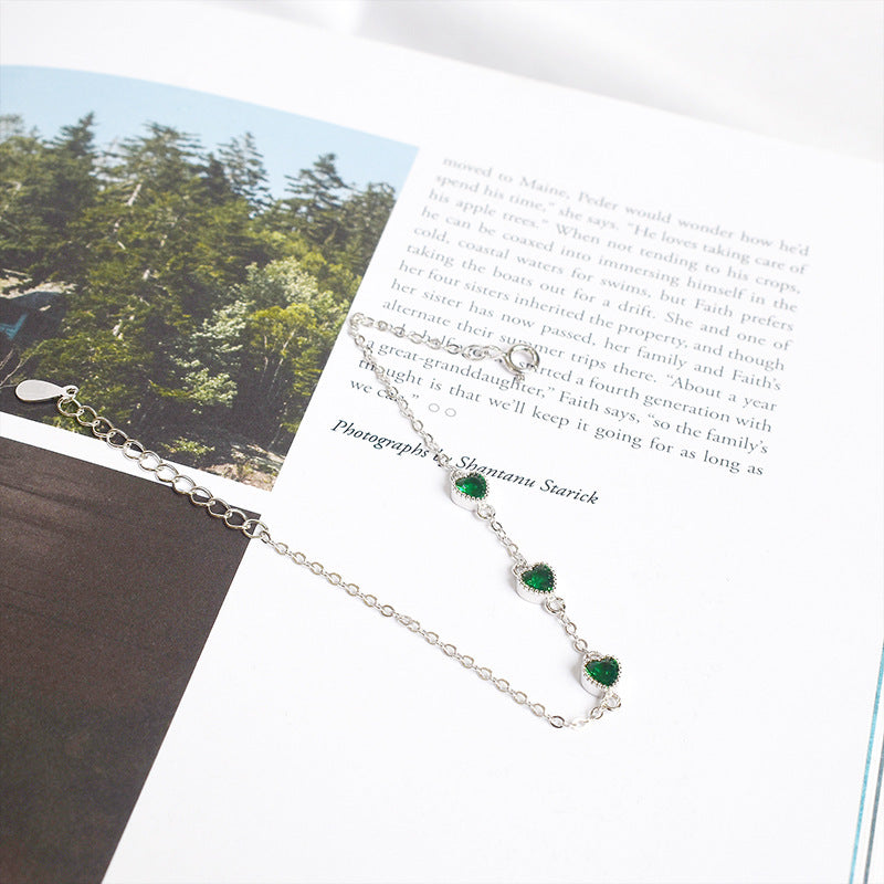 Simple Heart & Emerald Gemstone Sterling Silver Bracelet