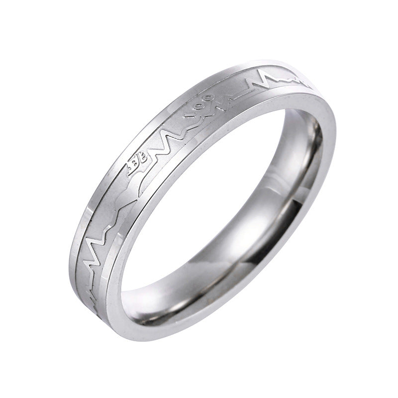 Simple Titanium Steel Electrocardiogram Couple Rings Set