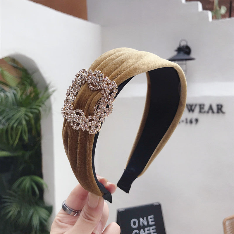 Diamond Sparkle Gold Velvet Wide-Brim Headband for Women