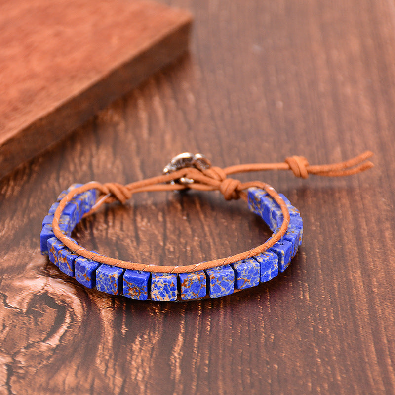 Casual Geometric Lapis Lazuli Leather Wrap Bracelet with Lotus Clasp