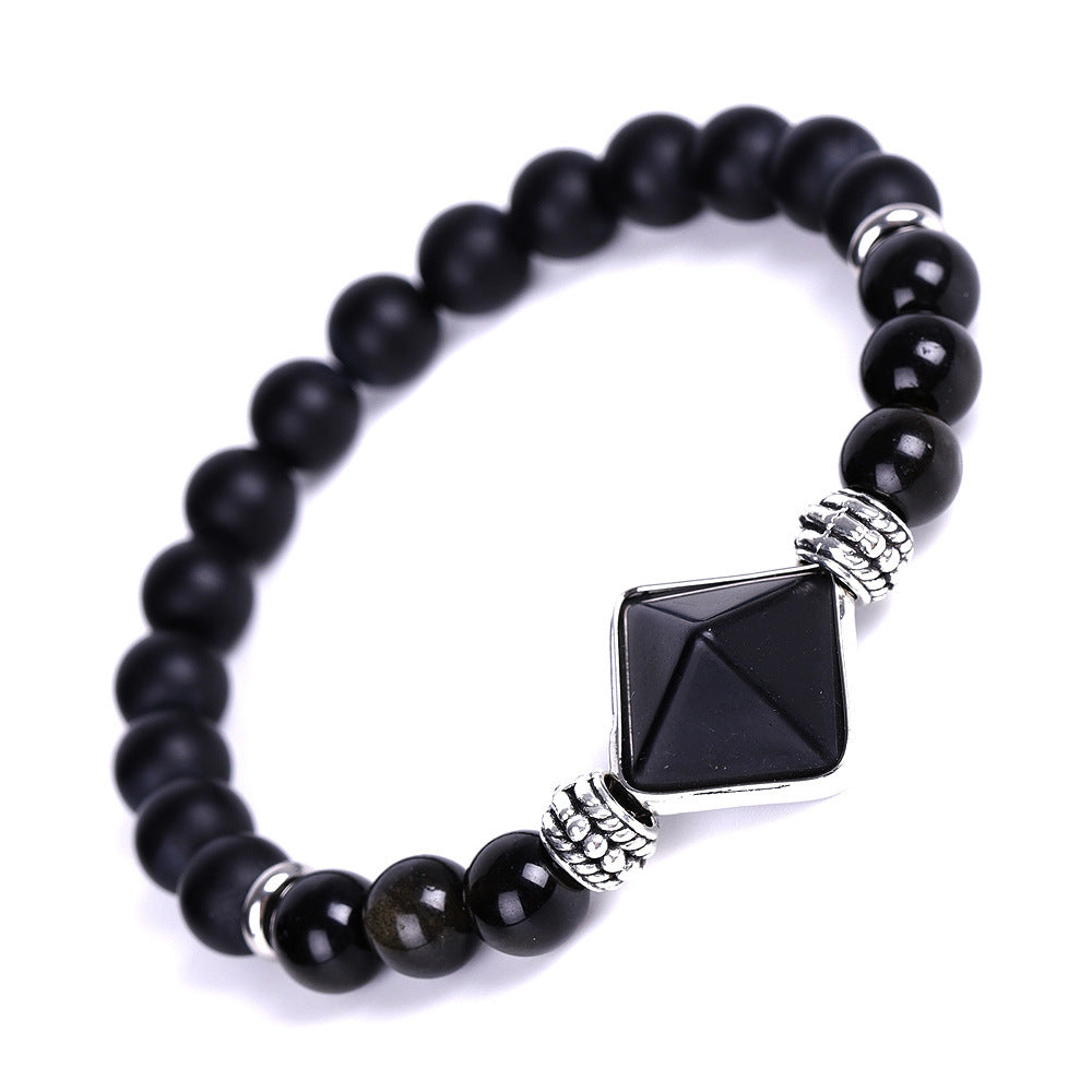 Amethyst and White Crystal Pyramid Cut Matte Black Agate Bracelet