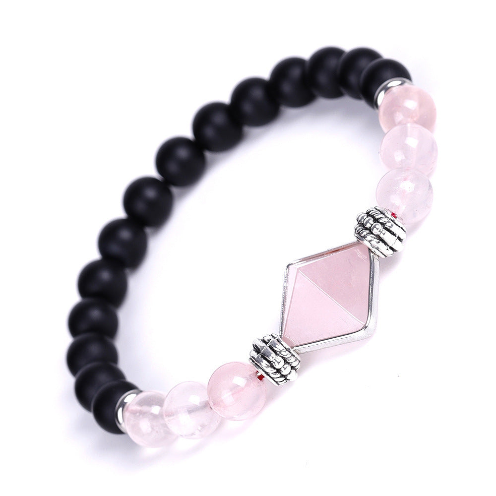 Amethyst and White Crystal Pyramid Cut Matte Black Agate Bracelet