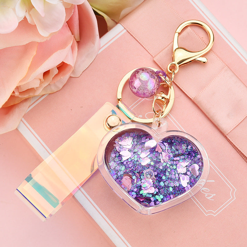 Cute Heart Acrylic Women's Bag Pendant Keychain with Glitter Liquid Sand