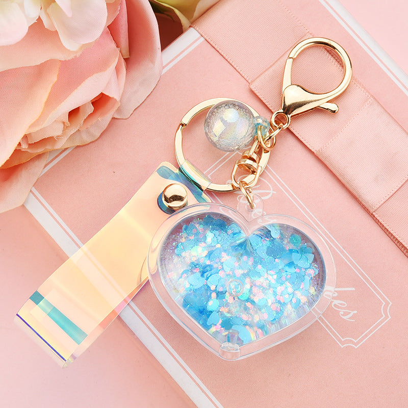 Cute Heart Acrylic Women's Bag Pendant Keychain with Glitter Liquid Sand