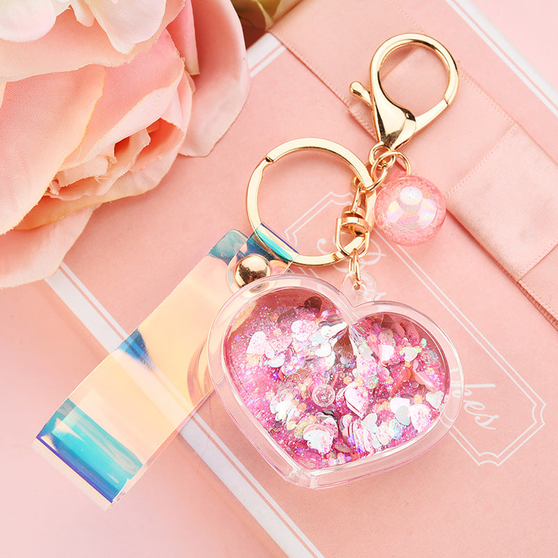 Cute Heart Acrylic Women's Bag Pendant Keychain with Glitter Liquid Sand