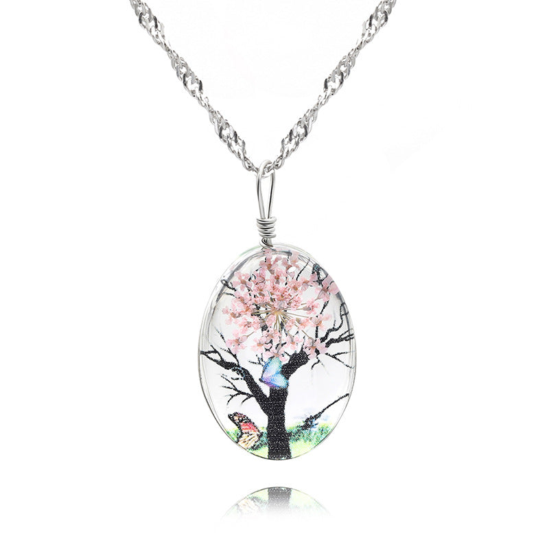 Necklace Life Trunk Flower Pendant Necklace Female Glass Crystal Plant Time Double-sided Gem Necklace