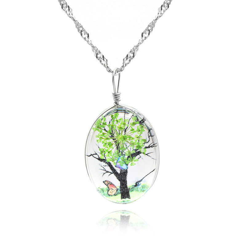 Necklace Life Trunk Flower Pendant Necklace Female Glass Crystal Plant Time Double-sided Gem Necklace