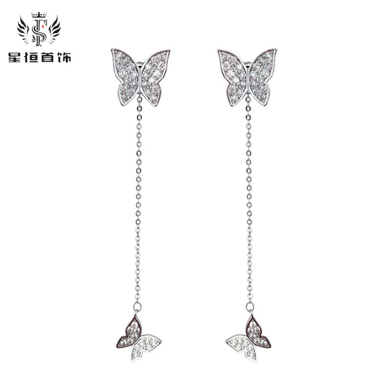 New 925 Silver Needle Fashion Butterfly Long Earrings Tassel Dual-use Earrings