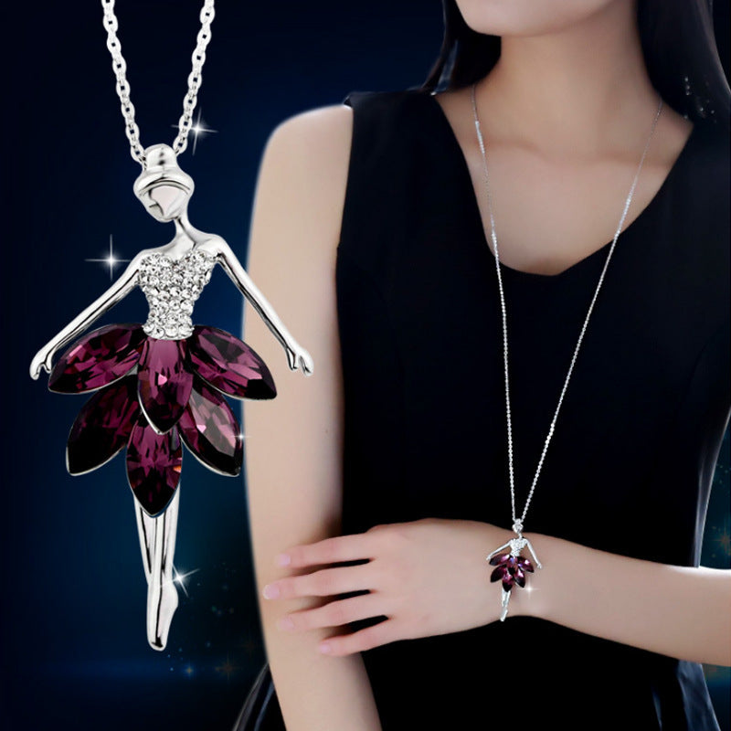 Retro Geometric Crystal Ballerina Pendant Necklace