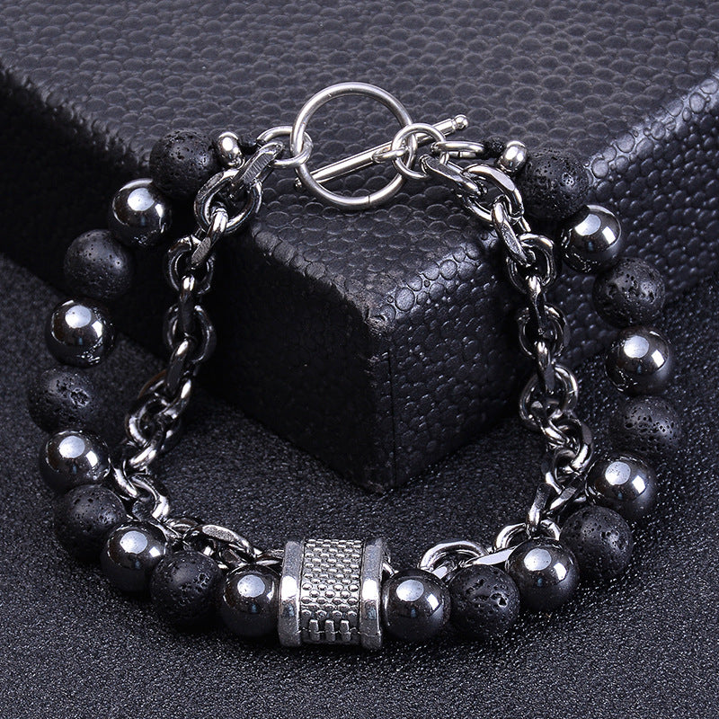 Geometric Natural Stone Beaded Bracelet with Stainless Steel Chain for Men