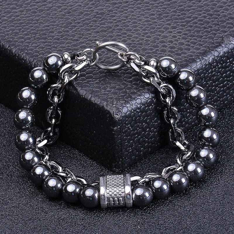 Geometric Natural Stone Beaded Bracelet with Stainless Steel Chain for Men