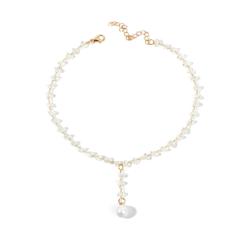 Simple Geometric Alloy Choker Necklace with Artificial Crystal and Pearl Inlay