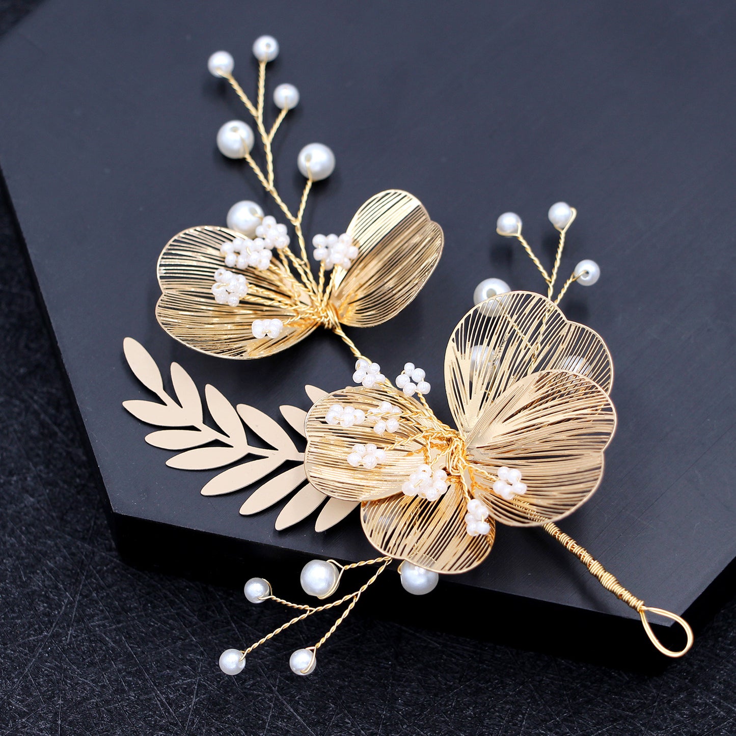 Bridal Gold Flower Hair and Earring Set for Wedding Dress Accessories