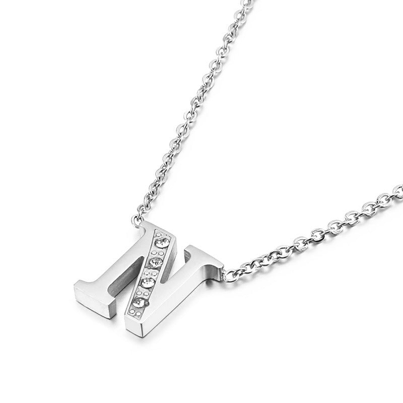 Simple Fashion 26 Inlaid Zircon Uppercase Letter Stainless Steel Necklace