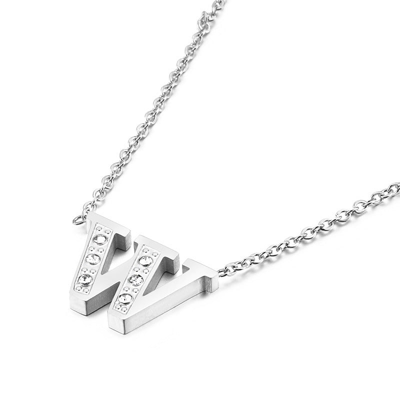 Simple Fashion 26 Inlaid Zircon Uppercase Letter Stainless Steel Necklace