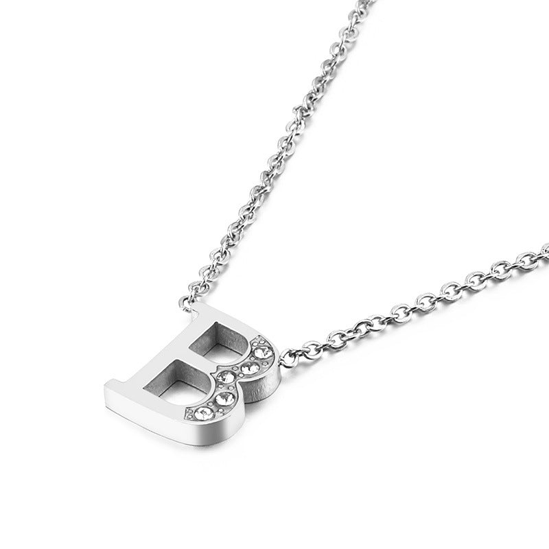 Simple Fashion 26 Inlaid Zircon Uppercase Letter Stainless Steel Necklace