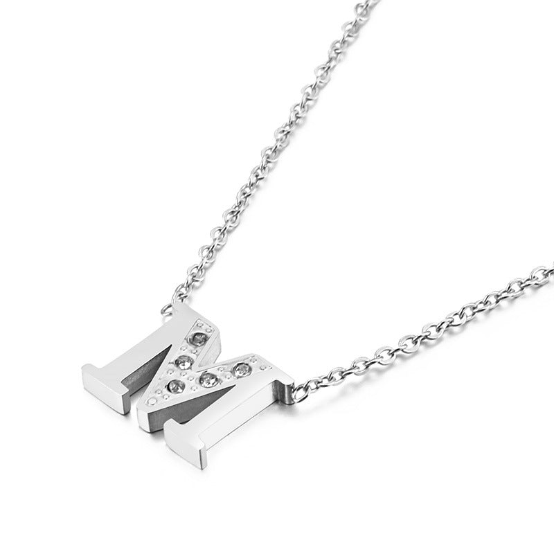 Simple Fashion 26 Inlaid Zircon Uppercase Letter Stainless Steel Necklace