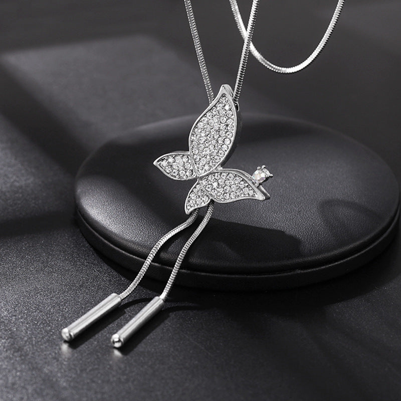 Elegant Crystal Butterfly Pendant Long Necklace for Women