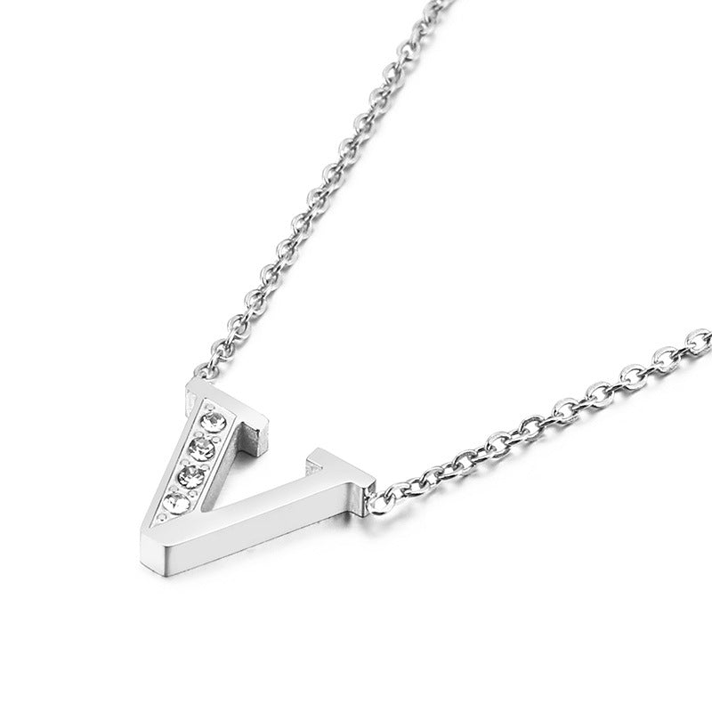 Simple Fashion 26 Inlaid Zircon Uppercase Letter Stainless Steel Necklace