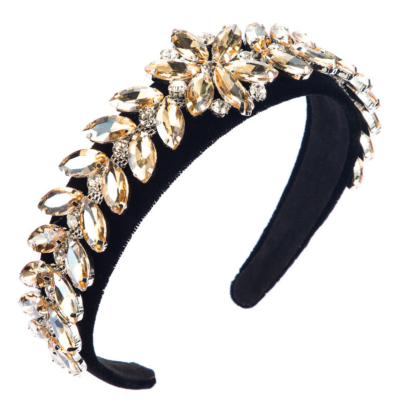 Women's Fashion Leaf and Flower Headband Set with Ultra-Flash Glass Diamond and Gold Velvet Wide Edge